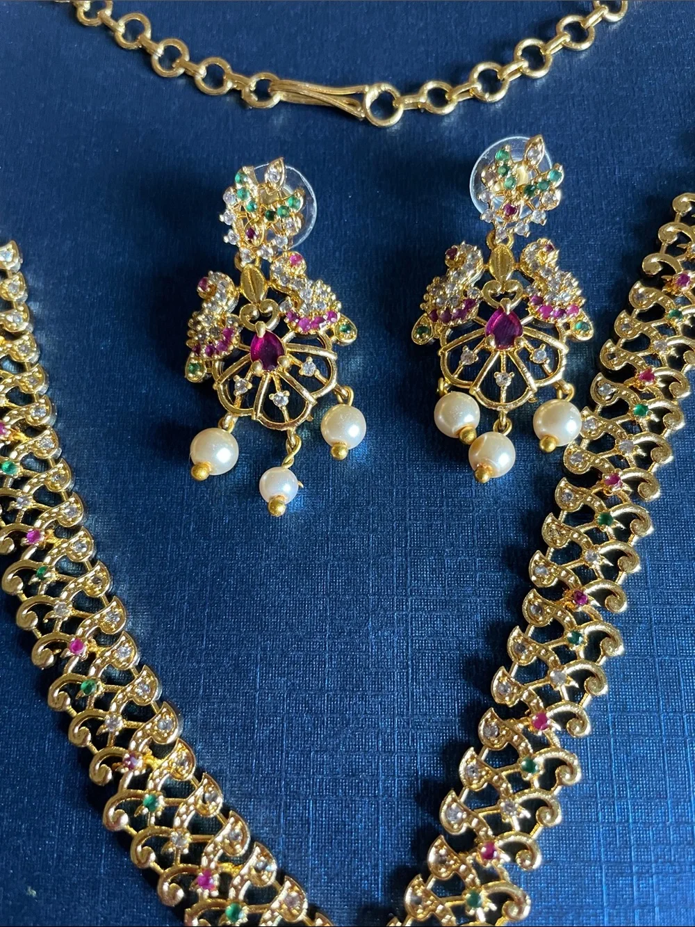 Gold Filigree Pendant Necklace and Earring Set with Pink & Green Accents
